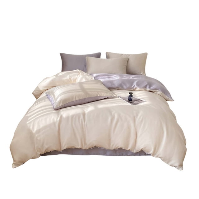 M Summer Solid Color Ice Silk 4 Piece Bedding Set Cooling Lightweight Breathable Bed Sheets And Duvet Cover Cooling Linen for Hot Weather Sleep Polyester
