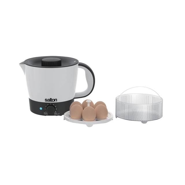 Salton MultiPot® Autocuiseur - 1,25 L, MP2143, 600 W avec Corps Blanc et Noir, Poignée et Bouton de Couvercle. Comprend un Plateau à Oeufs Pouvant Contenir six Oeufs Bruns et un Panier Vapeur Perforé Transparent. Offre une Température Réglable pour Faire Bouillir, Cuire à la Vapeur et Cuisiner des Repas Rapides, Convient à la Maison, au Bureau Ou au Dortoir.