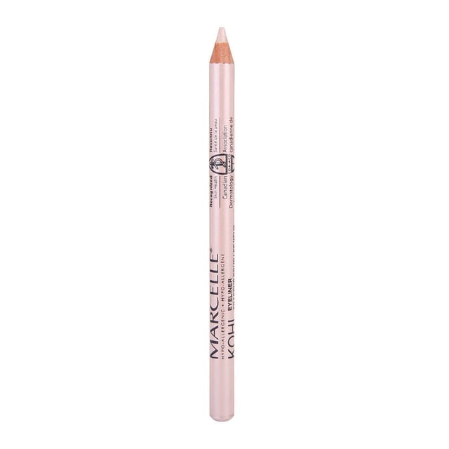 Marcelle Kohl Eyeliner - Eye -Brightening Beige pencil with a soft beige tip and pale pink barrel printed with black text, hypoallergenic and designed for smooth, intense coverage that won’t budge or bleed on the waterline for over 4 hours, suitable for sensitive eyes and contact lens wearers.
