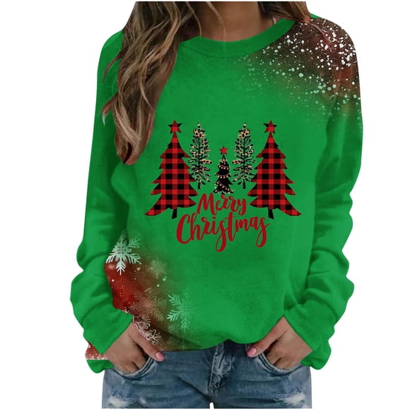 Staron Christmas Sweaters for Women Merry Christmas Leopard Plaid Tree Print Sweatshirt Crewneck Sweatshirts Long Sleeve Blouse Fashion Casual Shirt Women Gift Ideas