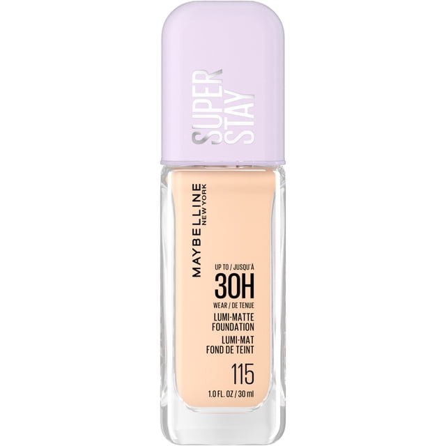 Maybelline New York Super Stay Lumi Matte Foundation up to 30hr wear; front-facing bottle with doe-foot applicator and a visible beige liquid swatch showing a matte finish with a hint of luminosity, Maybelline logo on cap, white studio background. Vegan, non-comedogenic, sweat- and water-resistant; often used as a long-day makeup base.