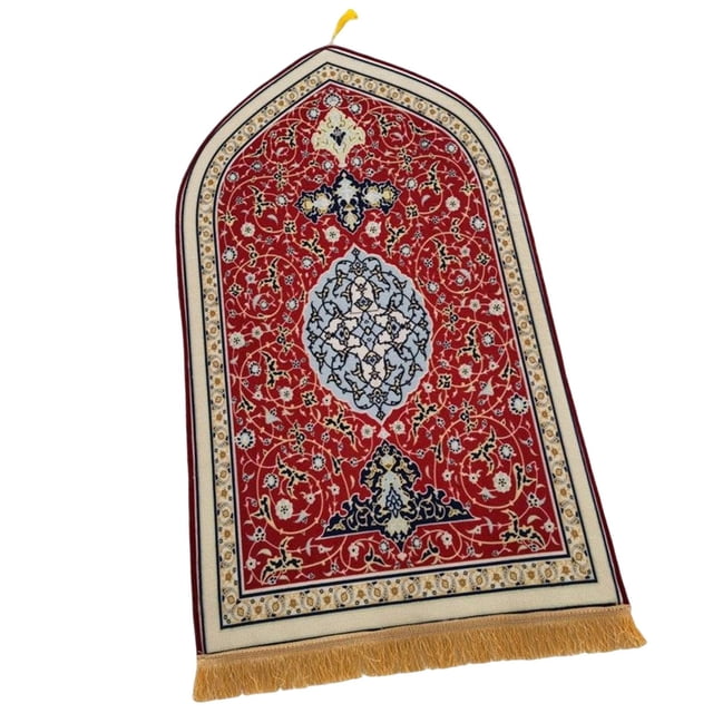 Rongfmy Flannel Prayer Rug Collectible Floor Carpet Blanket, measuring 65cm x 110cm, featuring a red base with intricate traditional patterns in blue, white, and gold tones. The rug has a decorative border and a pointed arch design, with yellow tassels at the bottom edge. Made of soft flannel, it is lightweight, machine washable, and suitable for use as a prayer mat or decorative area rug.