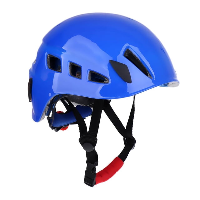 Almencla Helmet Scaffolding Height Working Construction Climbing in blue, featuring a lightweight and compact design with air vents for ventilation and cooling. The helmet includes a protective chin guard, adjustable straps, and a soft inner lining for comfort. Made with a PC housing and high-density inner shell, it fits head circumferences of approximately 58-62 cm. Suitable for activities like mountaineering, climbing, caving, kayaking, scaffolding, and construction work.