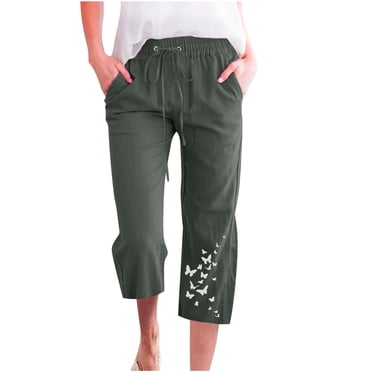 Mrat Womens Cropped Pants Elastic Drawstring Loose Women Straight Wide Leg Printing Trousers with Pockets Casual Summer Capris Pants Army Green _BB XL