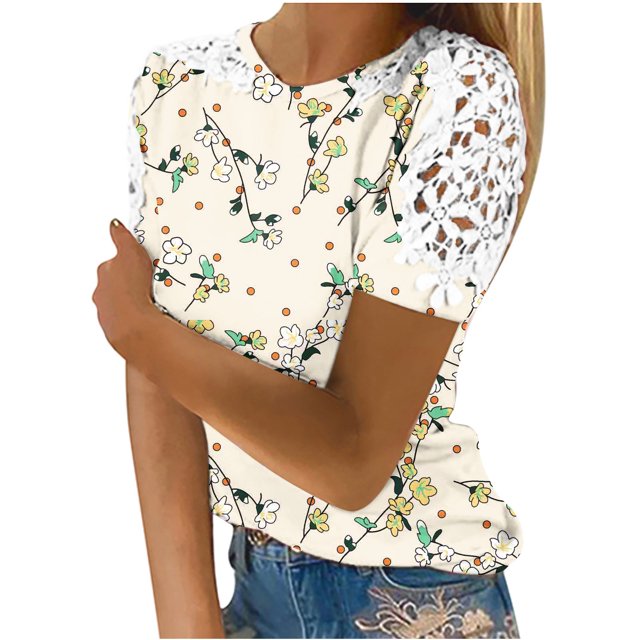 XZNGL T-Shirts d'Été pour Femmes Femmes Été Col Rond Imprimé Floral T-Shirts en Dentelle Blouses Confortables pour Femme Hauts Femmes T-Shirts Été T-Shirts pour Femmes pour l'Été Hauts et Blouses pour Femmes Été