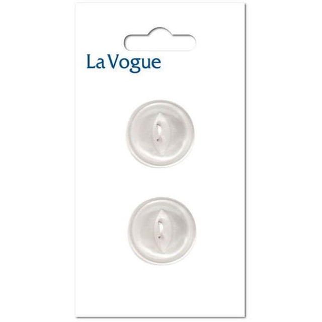 La Vogue Bouton 2 Trous de 22 mm en Blanc Affiché sur une Carte Blanche avec le Nom de Marque La Vogue, Comprenant Deux Boutons Ronds en Plastique à Finition Lisse et Deux Trous de Couture, Convient aux Fixations de Couture et aux Bricolages Décoratifs.