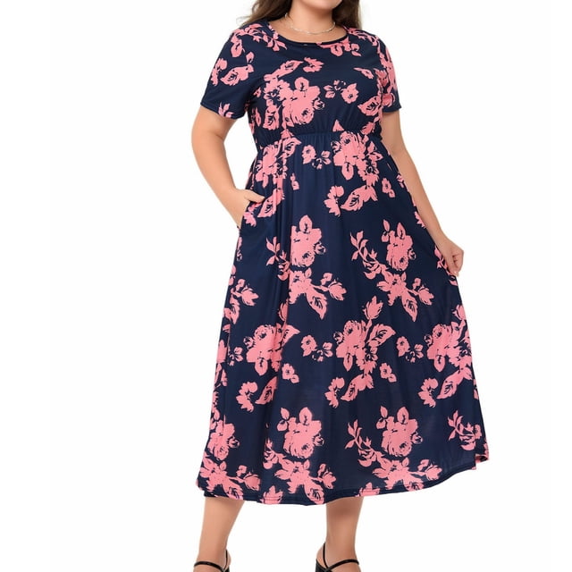 Ovzne Robes pour Femmes Robe pour Femme Robe d'Été Grande Taille Imprimée Col Rond Manches Courtes Robe Décontractée avec Poches Robe de Vacances Manches Courtes Imprimée Liquidation