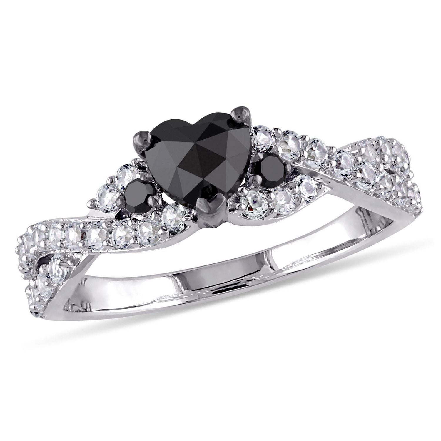 Bague de fiançailles avec diamant noir de forme coeur 3/5 CT poids total et saphirs blancs synthétiques en argent sterling