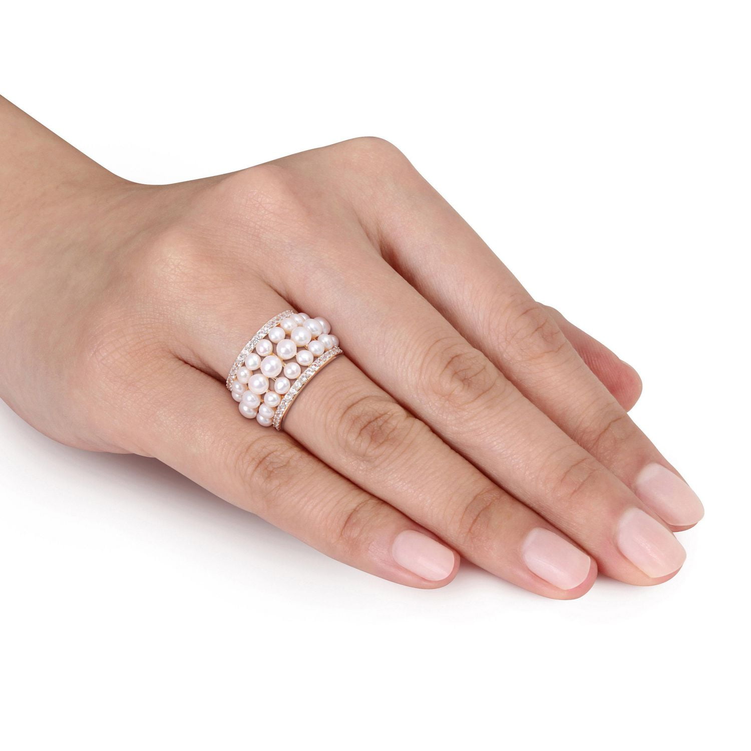 Bague d'éternité à trois rangées de Miabella avec perles culture d'eau douce et 1-3/5 carat PBT de Saphir blanc synthétique en argent sterling plaqué jaune