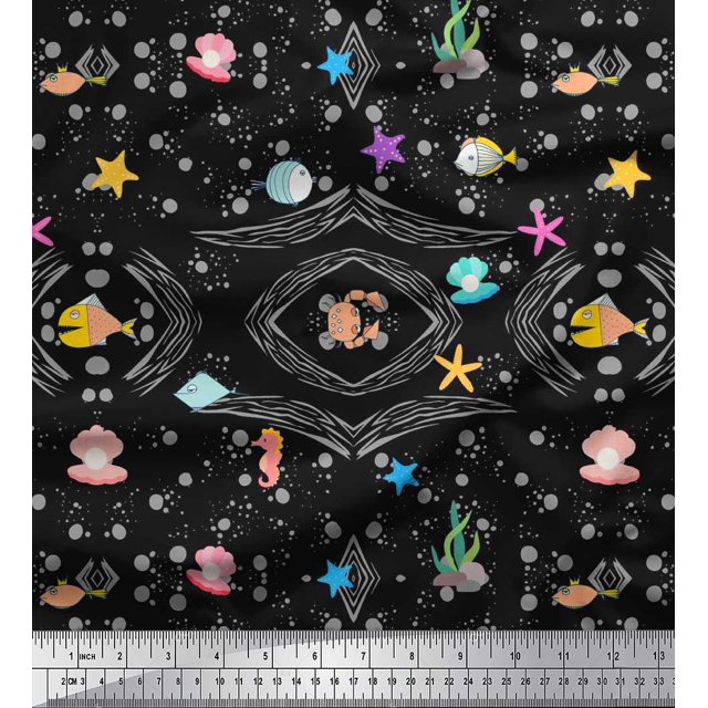 Soimoi Cotton Cambric Fabric Fish,Shell & Starfish Ocean Printed Fabric 1 Yard 42 Inch Wide