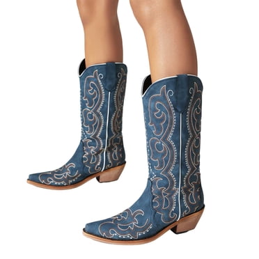 Bottes Western de Cowboy pour Femmes Décontractées Bleues Brodées Extra Larges Mi-Mollet Bottes de Cowgirl Hiver Automne Talon Bas Épais Bottes Hautes 2025