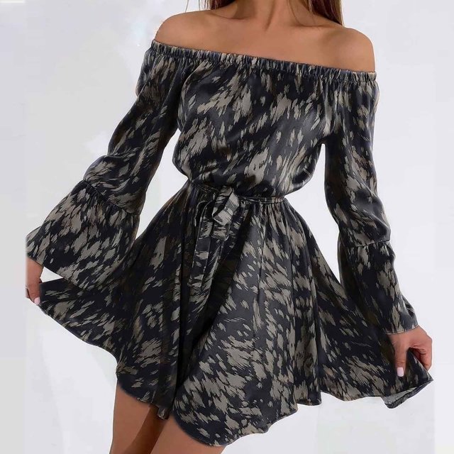 CEHVOM Robe pour Femmes à Épaules Dénudées, à Volants, Imprimée, à Manches Longues, Jupe à Dos Nu, Robe Bourgeon