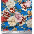 thumbnail image 1 of Soimoi Tissu Satin Modal Bleu Feuilles & Roses Imprimé Floral Tissu au Mètre 42 Pouces de Large, 1 of 3