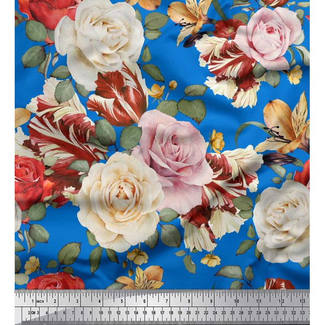 Soimoi Tissu Satin Modal Bleu Feuilles & Roses Imprimé Floral Tissu au Mètre 42 Pouces de Large