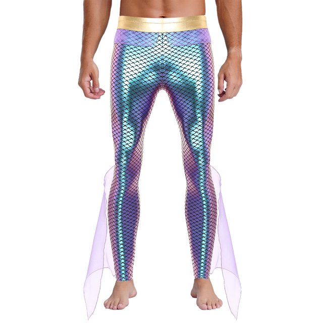 TiaoBug Mens Metallic Shiny Mermaid Flare Pants Ruffled Tulle Trims Fishscale Print Tights Leggings Purple XL