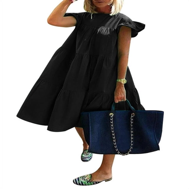 Women‘s Crew Neck Casual Short Sleeve Ruffle-Trim Summer Mini Dresses