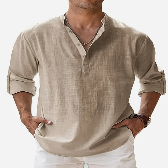Men‘s Casual Linen Button Down Shirt Short Sleeve Beach Shirt