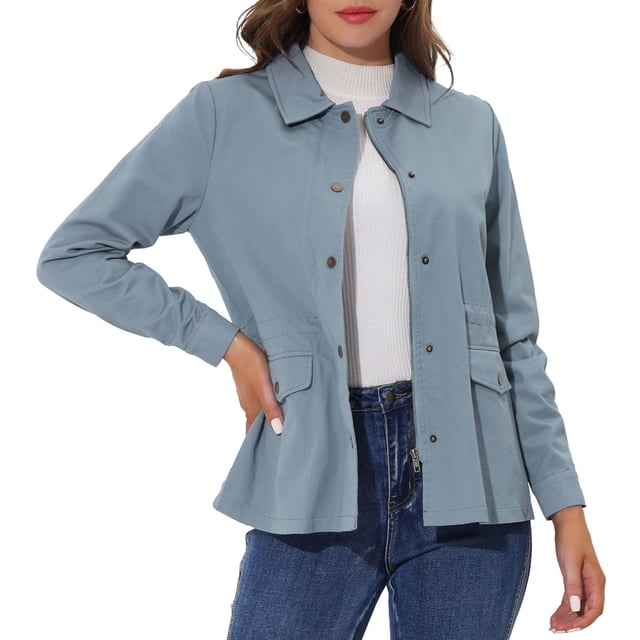 INSPIRE CHIC Women's Drawstring Waist Flap Pockets Lightweight Utility Jacket Grey Blue L