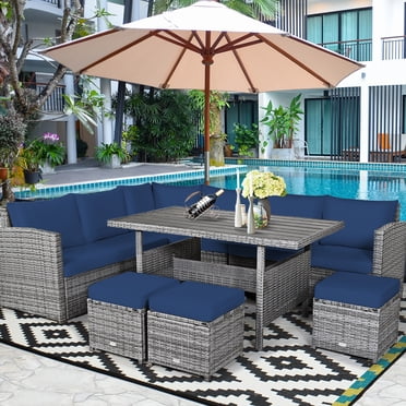 Costway Ensemble de Salle à Manger en Rotin pour Patio 7 Pcs Canapé Sectionnel Sofa Ottoman Jardin Rouge