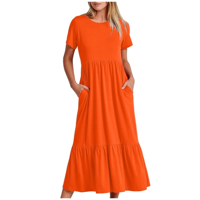 Penkiiy Robe Maxi Évasée d'Été Décontractée pour Femme à Manches Courtes et Col Ras du Cou, Fluide, Asymétrique, à Étages, Robe de Plage avec Poches, TG, Orange