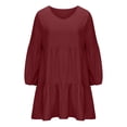 thumbnail image 4 of EGNMCR Robe à Volants pour Femme Été Col en V Couleur Unie Manches Longues Tunique Évasée Robe Grande Taille Tendance Décontractée Soleil Plage Mini Robes, 4 of 6