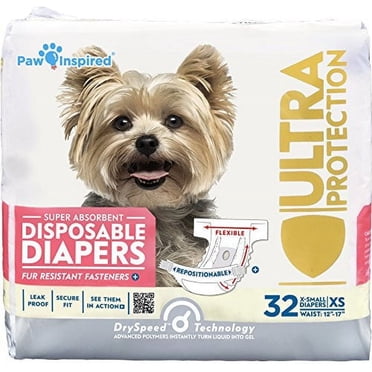 Paw Inspired Disposable Dog Diapers Female| Diapers for Dogs in Heat Period, Senior, Excitable Urination, or Incontinence (X-Small, 32 Count)