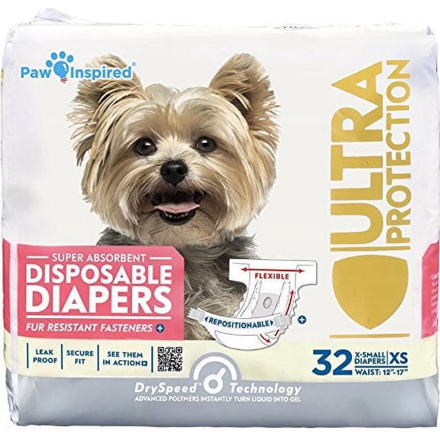 Paw Inspired Disposable Dog Diapers Female, X-Small, 32 Count package. The packaging highlights features such as super absorbent core, repositionable fur-resistant fasteners, leak-proof edges, and Advanced DrySpeed Technology that converts liquid into gel. Designed for female dogs in heat, incontinence, or excitable urination, with a secure and comfortable fit for waist sizes 12-17 inches.