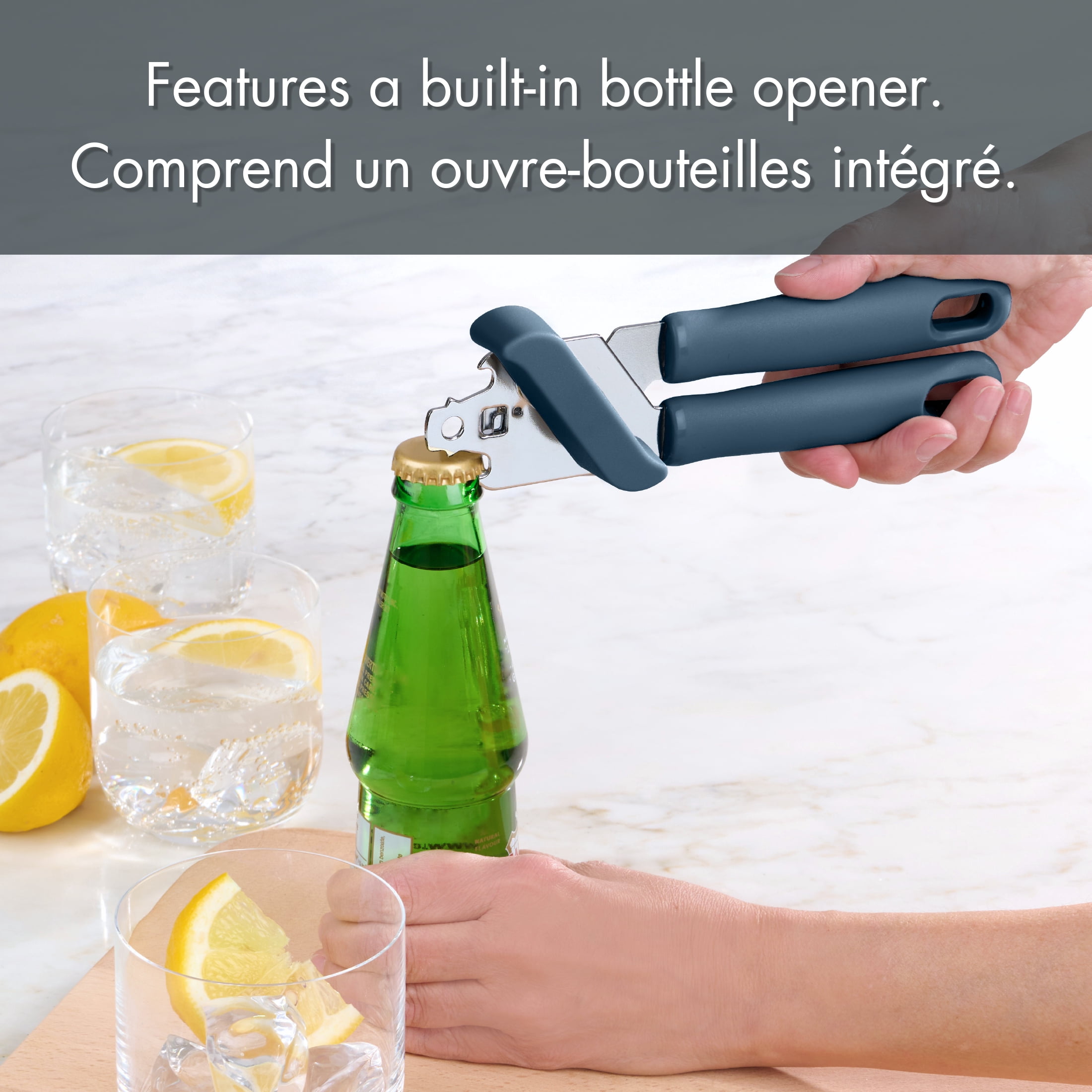 Mainstays Kitchen Manual Can Opener with Integrated Bottle Opener, Ergonomic Handle, 20 cm, Navy