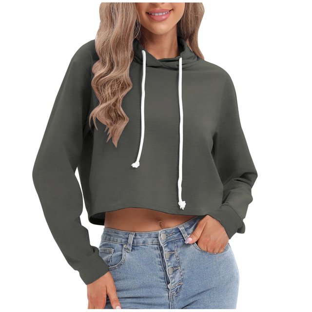 Penkiiy Chandails à Capuche pour Femmes Mode Chandail à Col Rond Manches Longues Blouse à Capuche Chandail en Molleton Gris Foncé Vêtements Y2K