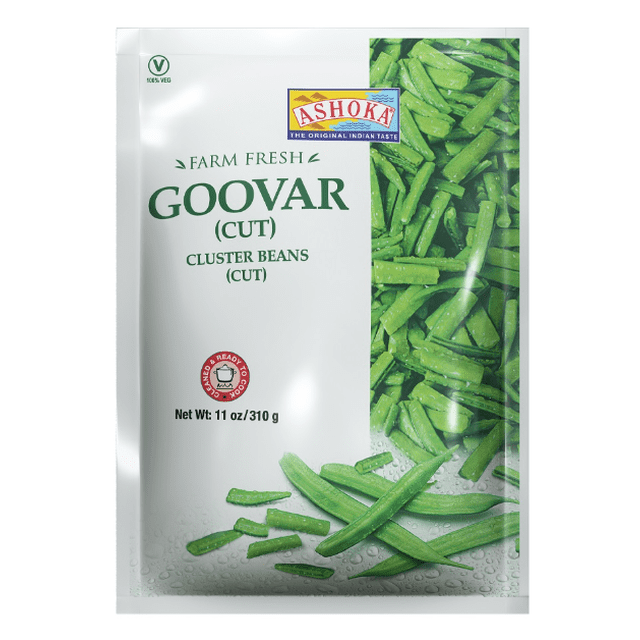 Goovar cut cluster beans frozen vegetable package by Ashoka showing fresh green cut cluster beans with water droplets, 11 oz (310 g) net weight, labelled 100% vegetarian and ready to cook.