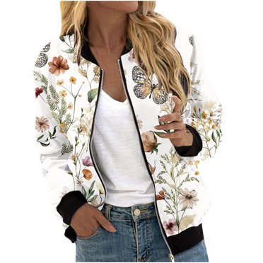 CEHVOM Women's Casual Fashion Printed Pocket Zippered Coat Clearance