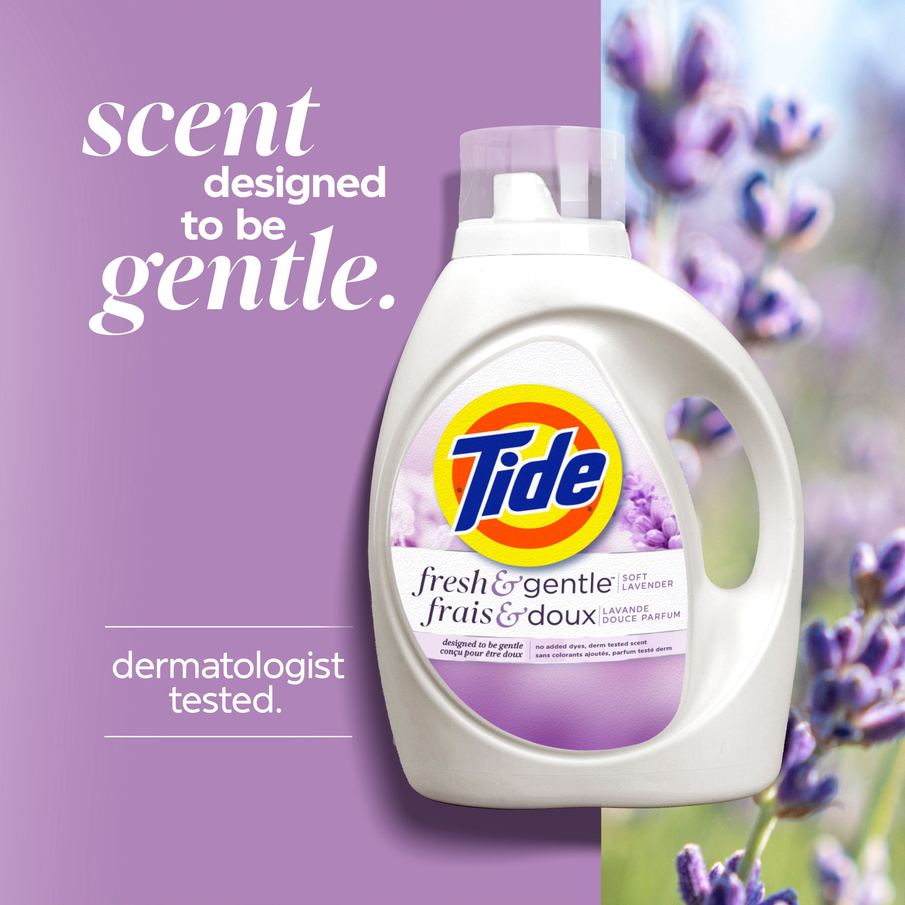 Tide Fresh & Gentle liquid laundry detergent, 100 Loads, Soft Lavender Scent, Gentle laundry soap with nature inspired freshness, Dermatologist tested, 100% free of added dyes and heavy perfumes