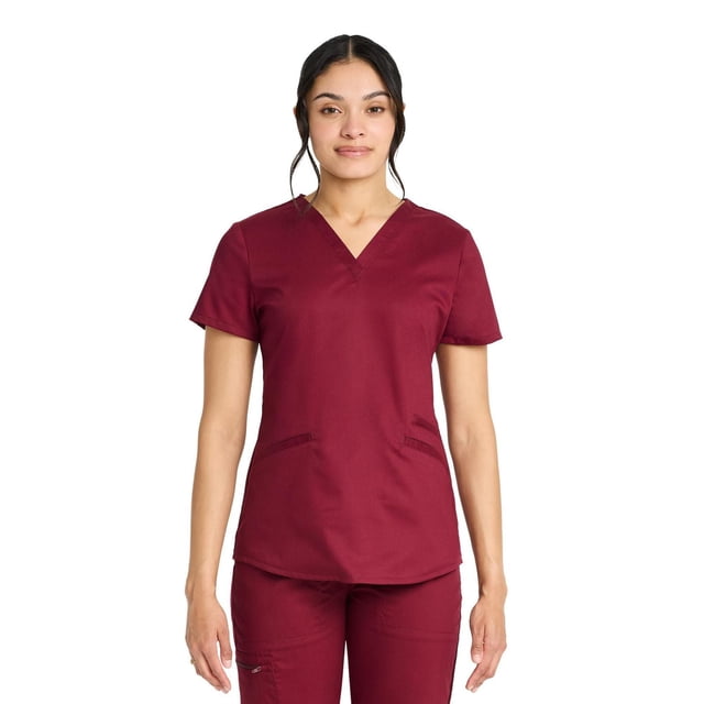 Scrubstar Haut de Sarrau à Col en V Ultimate Stretch pour Femmes WC854A en Bourgogne, Vue de devant d'Un Haut de Sarrau Ajusté à Manches Courtes avec Deux Poches avant et Pantalon Assorti, Fabriqué en Tissu Antimicrobien Extensible PROTX2TM pour le Confort et le Contrôle des Odeurs, Convient aux Vêtements de Travail pour Femmes.