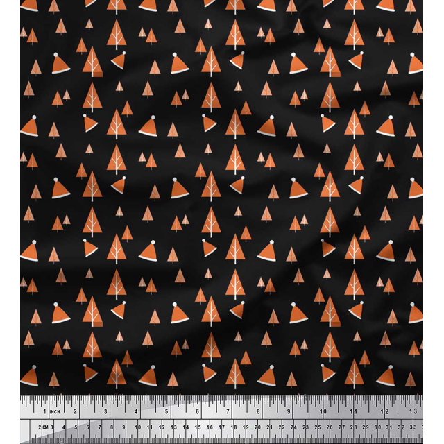 Soimoi Black Poly Georgette Fabric Santa Cap & Tree Christmas Fabric Prints By Yard 42 Inch Wide