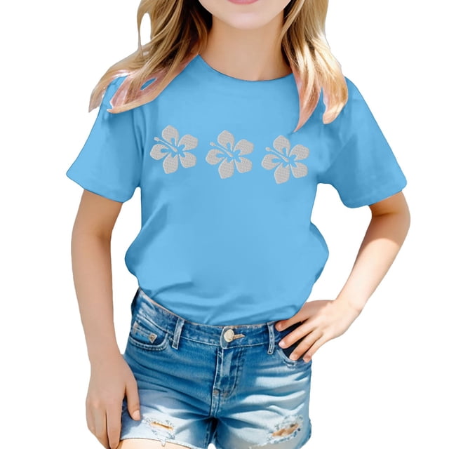 WEIYLL T-Shirts pour Filles Imprimé Floral Col Rond Manches Courtes Décontracté Doux Ajusté pour Enfants 10-11 Ans