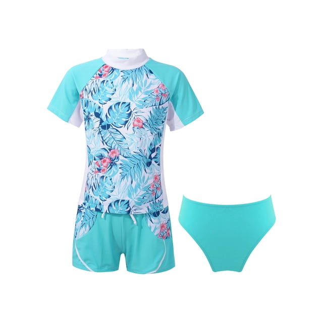 iiniim Girls Short Sleeve Rash Guard Set with Briefs 3Pcs Summer Swimsuit for Surfing Diving Light Green 12
