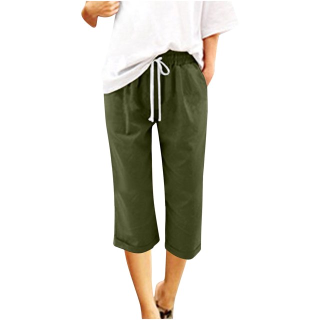 Pantalon Court en Lin pour Femme - Pantalon d'Été Uni pour Femme à Cinq Points, Grande Taille, Pantalon en Lin Décontracté, Pantalon d'Été Uni pour Femme, Grande Taille, Pantacourt Décontracté Vert Armée TTG