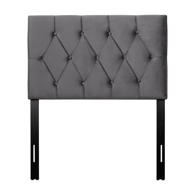 CorLiving Catalina Twin Size Diamond Tufted Velvet Headboard in dark grey velvet with diamond button tufting and foam padding, featuring a clean modern silhouette and adjustable black wooden legs that fit most standard twin bed frames.