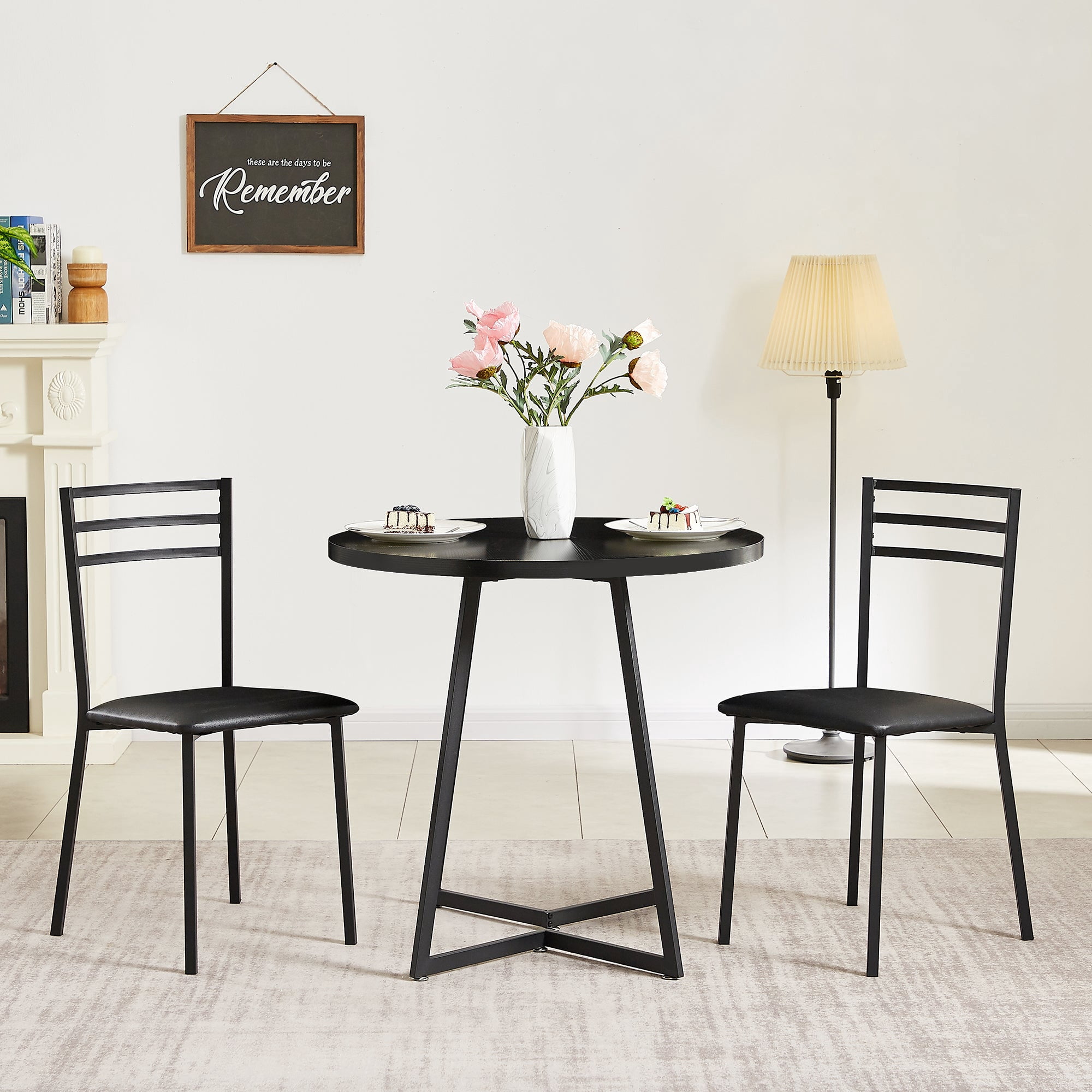VECELO Round 3-Piece Dining Set, Compact Dining Table and 2 Chairs with Metal Frame, Couple Table Chair Set for 2, Black