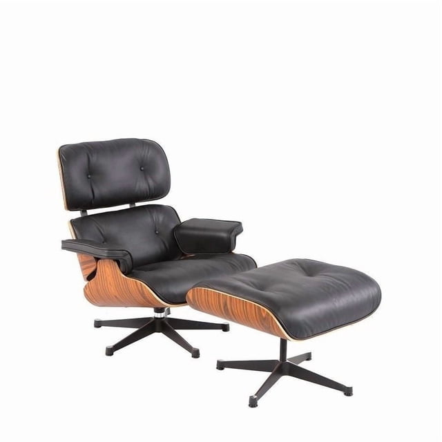 Plata Décor Import East Chaise Longue Noire avec ottoman Assorti, avec Coussins en Cuir Noir Véritable et Coque Incurvée en Placage de Bois, Tous Deux Soutenus par des bases Pivotantes en Métal Noir, Idéal pour les Sièges accent du Salon et Adapté à la Détente avec Soutien Ergonomique.