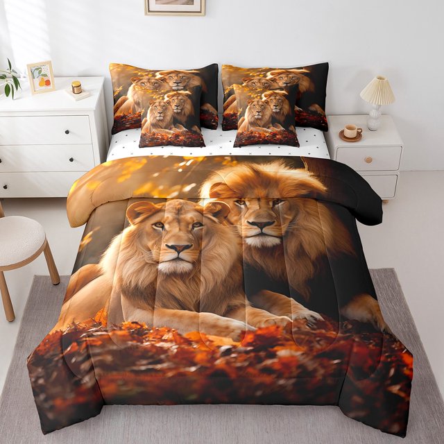 YST 7Pcs African Lion Bedding Set, Tropical Botanical Comforter & Duvet, Queen Size (7 Count)