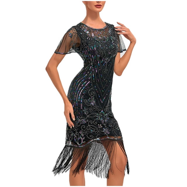 Pisexur Robe à Manches Courtes à Col Rond Longueur Genou Femmes Robe à Col Rond Sans Manches à Paillettes avec Franges Robe de Fête Banquet Robe de Danse Robe Courte Femmes Robe