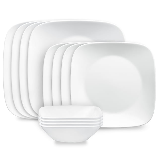 Corelle Pure White 12-Piece Square Glass Dinnerware Set includes 4 each of 10.5-inch dinner plates, 9-inch salad plates, and 22-ounce soup/cereal bowls in a crisp white square design. Made from durable, lightweight Vitrelle glass, this set is microwave, dishwasher, and oven safe, stackable for space-saving storage, suitable for everyday use and entertaining.