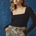 thumbnail image 2 of Women‘s Spring Solid Color Long Sleeve Square Neck Slim T-shirt, 2 of 5