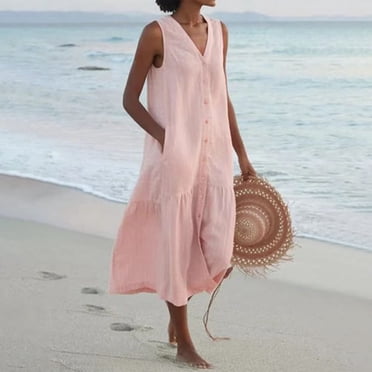 Staron Robes d'Été pour Femmes Coton Lin à Boutons Col en V Amples Sans Manches Robes avec Poches Vacances Grande Taille Élégante Fluide Longue Robe Rose m