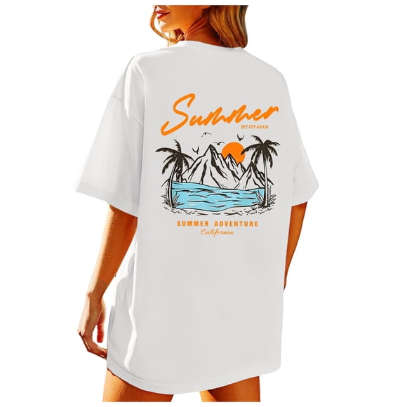 2025 T-Shirt Beach Oversized Workout Shirts Women Graphic Tees for Women Women's Tee Shirts Vintage Baggy Aesthetic Shirts Tee for Women Summer Cotton Vacation