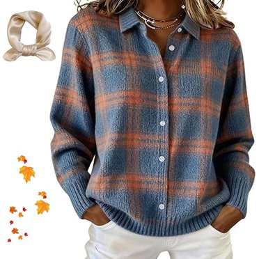 Cardigan Décontracté en Coton à Carreaux pour Femmes, Cardigan Boutonné, Cardigans en Tricot Moelleux Décontracté (Petit)
