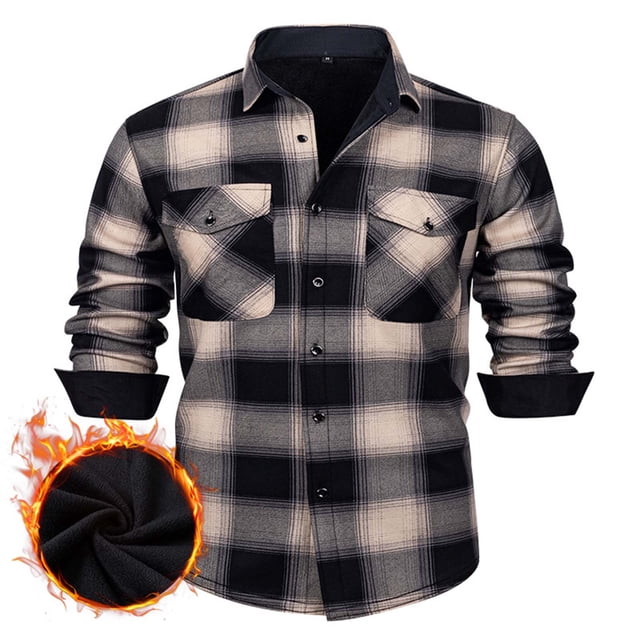 Lovzfmll Men's Flannel Shirt Jacket Fleece Lined Button Front Two Pockets Gray, L