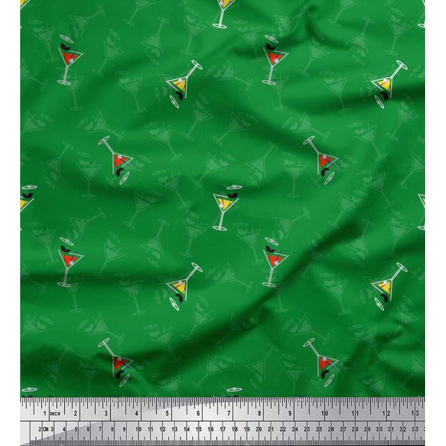 Soimoi Green Crepe Silk Fabric Glass,Straw & Drinks Summer Designs Print Sewing Fabric Yard 42 Inch Wide