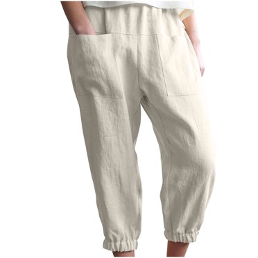 HVOBTTY Women's Casual Straight-Leg Trousers, Women's Casual Loose Pocket Linen Casual Pants Solid Color Pants Home Pants Khaki, L